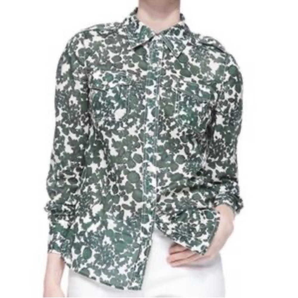 Tory Burch Brigitte Vine Issy Green Cotton Button Down Blouse Size 2